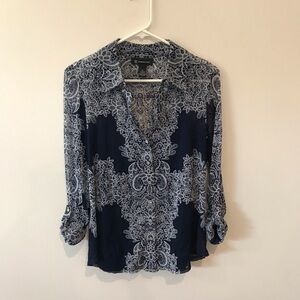 INC International Concepts Blue and White Patterned Blouse
